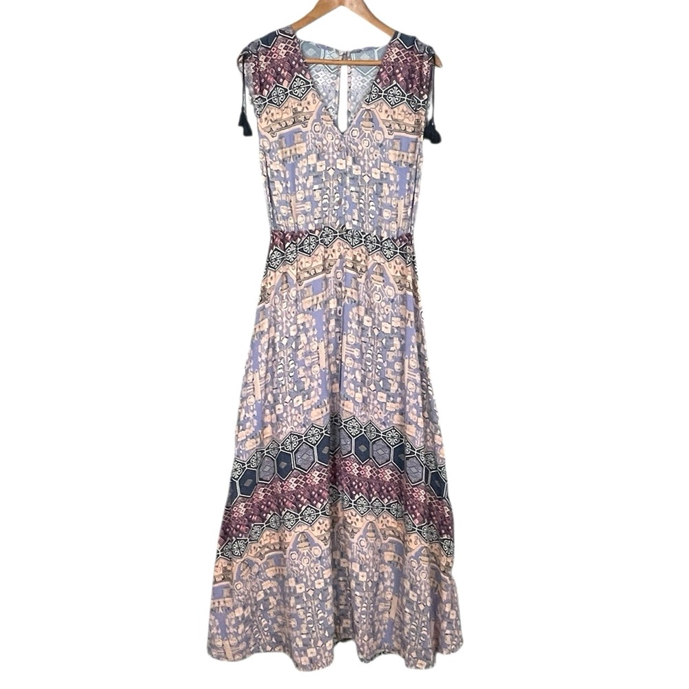 Womens Boho Tassel Sleeve Button Up Maxi Dress Size M Drop Waist Festival Earthy